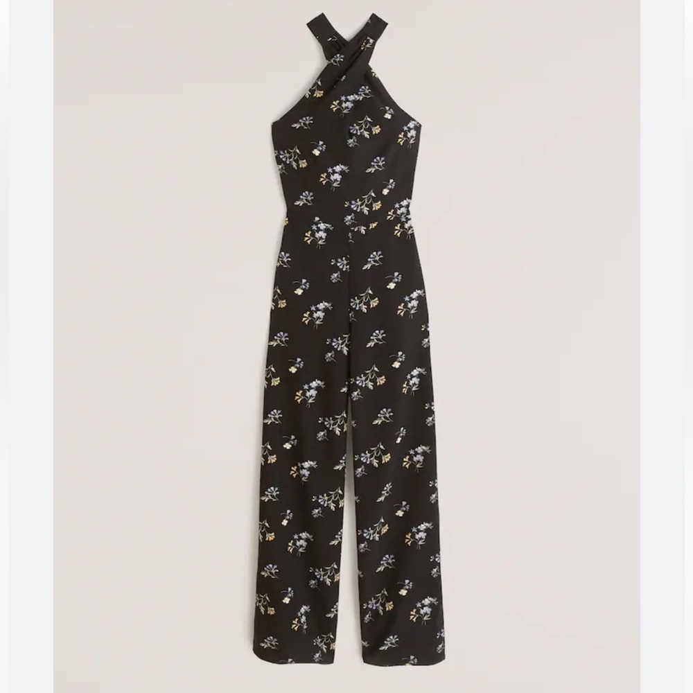 Abercrombie Twist Front Halter Black Floral Jumpsuit
